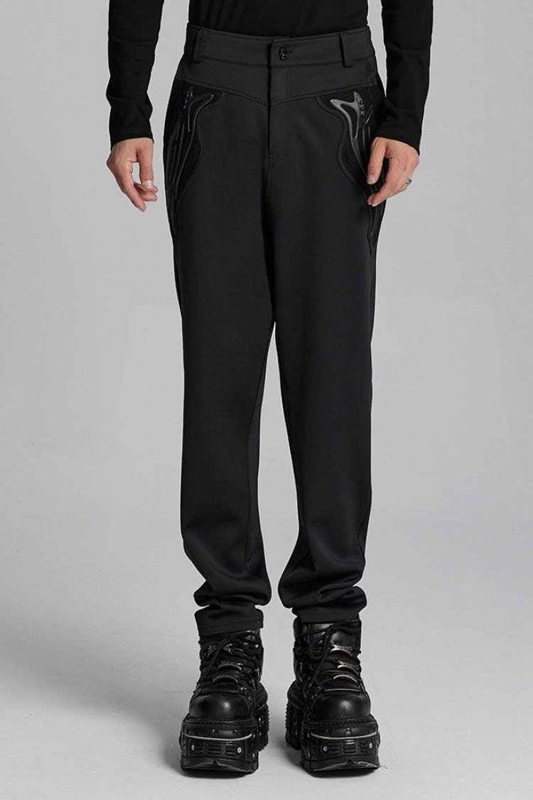 Black Leather Trim Stitching Rivet Men's Punk Pants - Black - 1