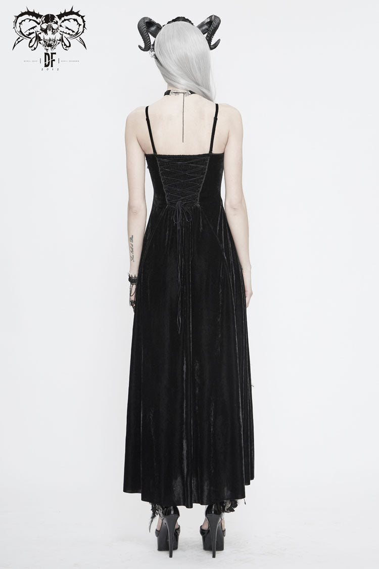 Red Front Chest Decals Dense Velvet Long Women's Gothic Sling Dress - Product - 6