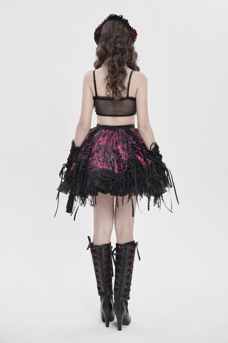 Black/Red Off Shoulder Bow Lace Color-Blocked Strappy Pleated Women's Gothic Corset - Product - 4