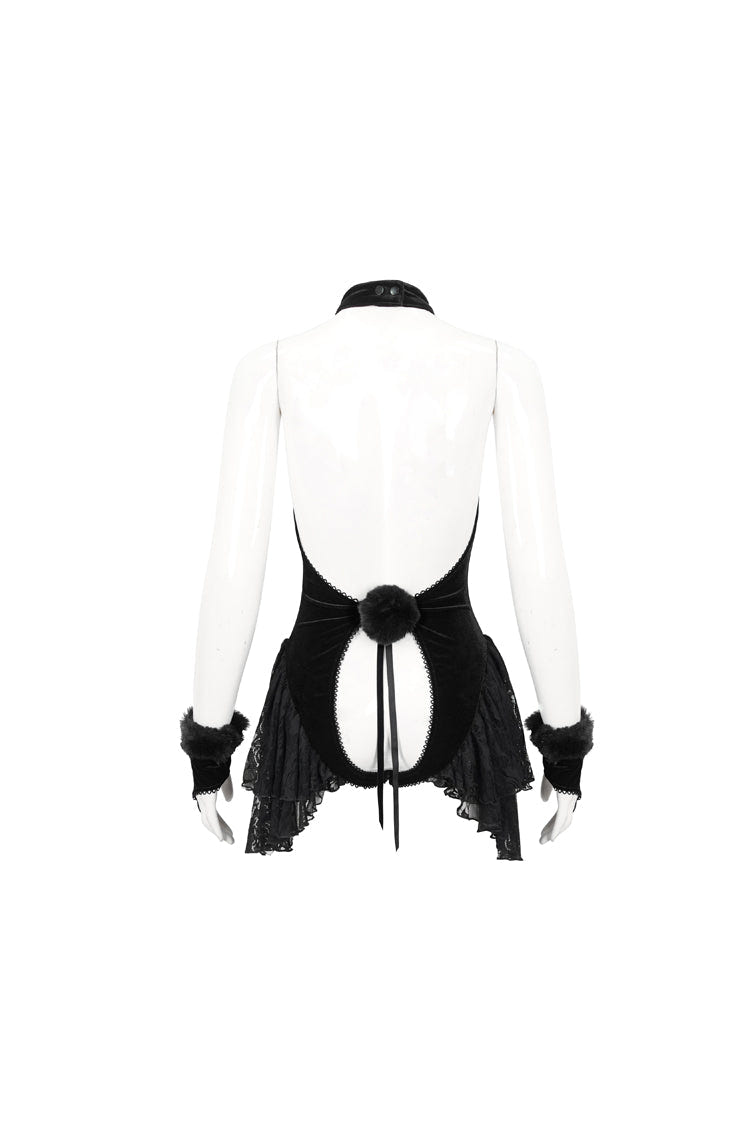 Black Sexy Crotchless Stretch Velvet Paneled Lace Pompoms Women's Punk Bodysuit - Product - 8