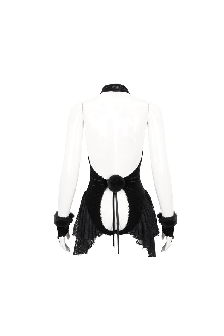 Black Sexy Crotchless Stretch Velvet Paneled Lace Pompoms Women's Punk Bodysuit - Product - 8