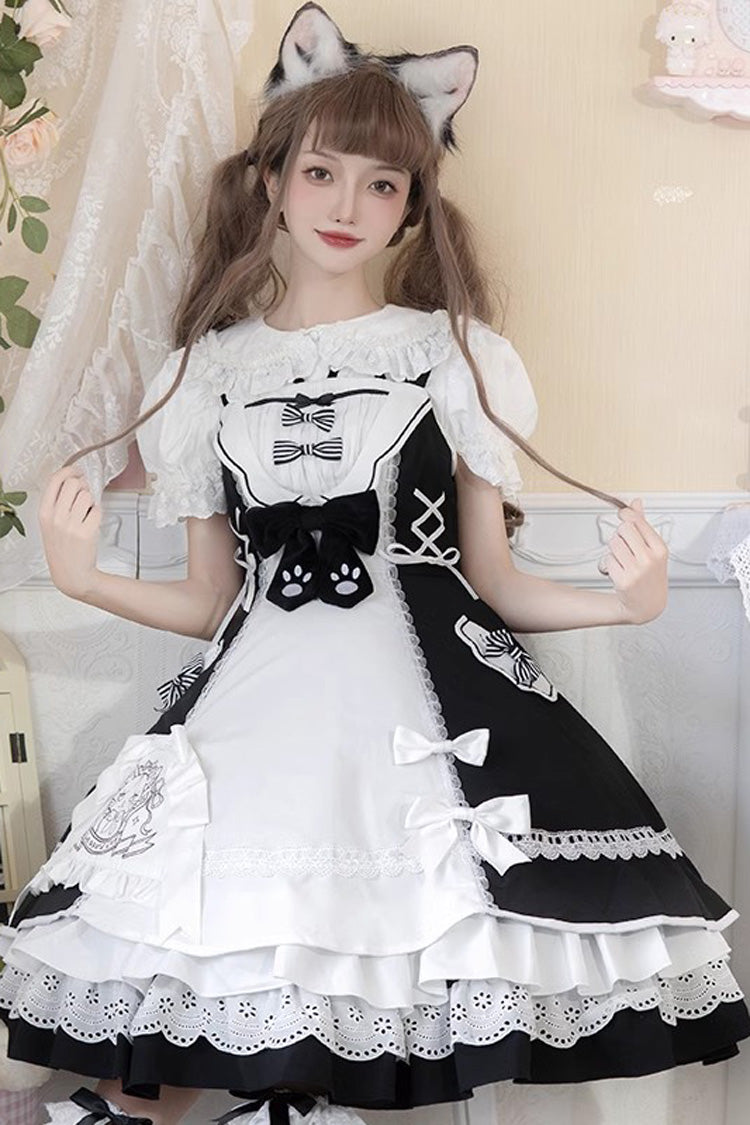 White/Black Cat Print Ruffle Bowknot Maid Sweet Lolita Dress - Product - 2
