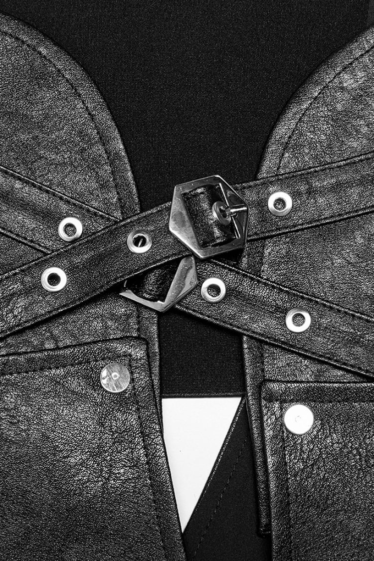Black Ruffle Metal Buckle Strap Detachable PU Leather Strap Women's Punk Strap - Product - 8