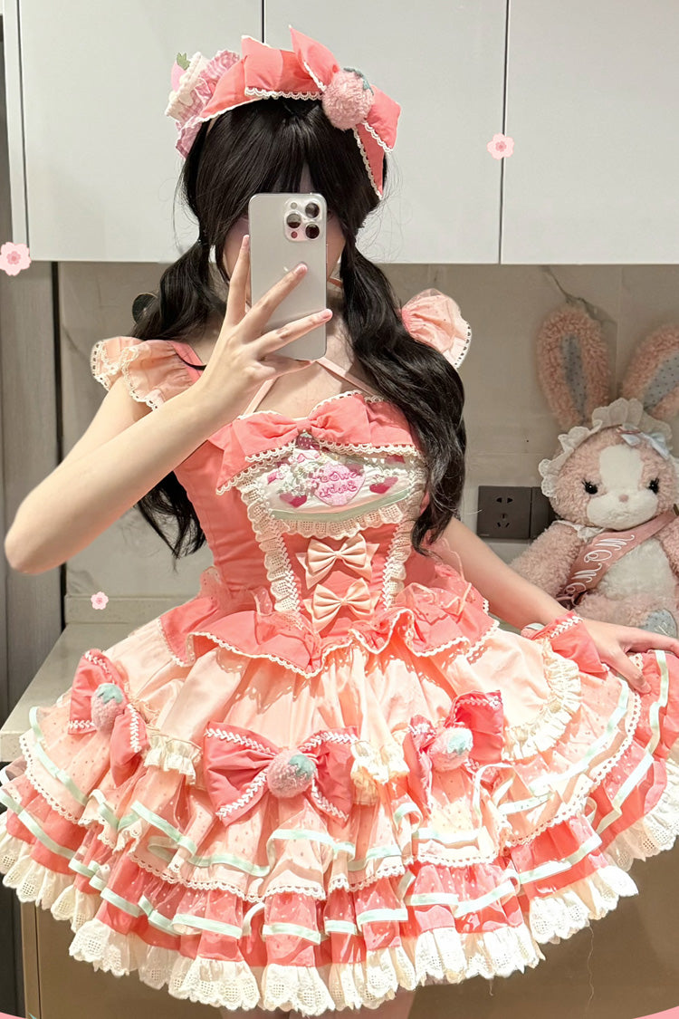 Pink Multi-Layered [Cream Strawberries] Print Ruffle Bowknot Sweet Lolita Tiered Dress - Product - 7