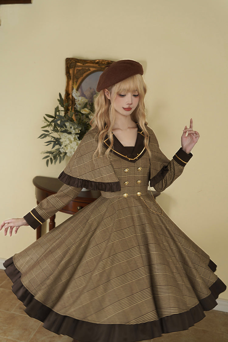Brown [Baker Street Stories] Stripe Print Ruffle Fake Two Pieces British College Style Classic Lolita Dress - Product - 9