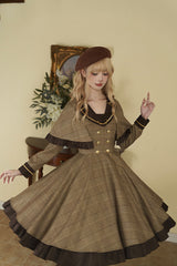 Brown [Baker Street Stories] Stripe Print Ruffle Fake Two Pieces British College Style Classic Lolita Dress - Product - 9