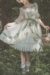 White/Green Country Style Daisy Poem Elegant Boat Neck High Waisted Sweet Lolita Jsk Dress - White/Green - 1
