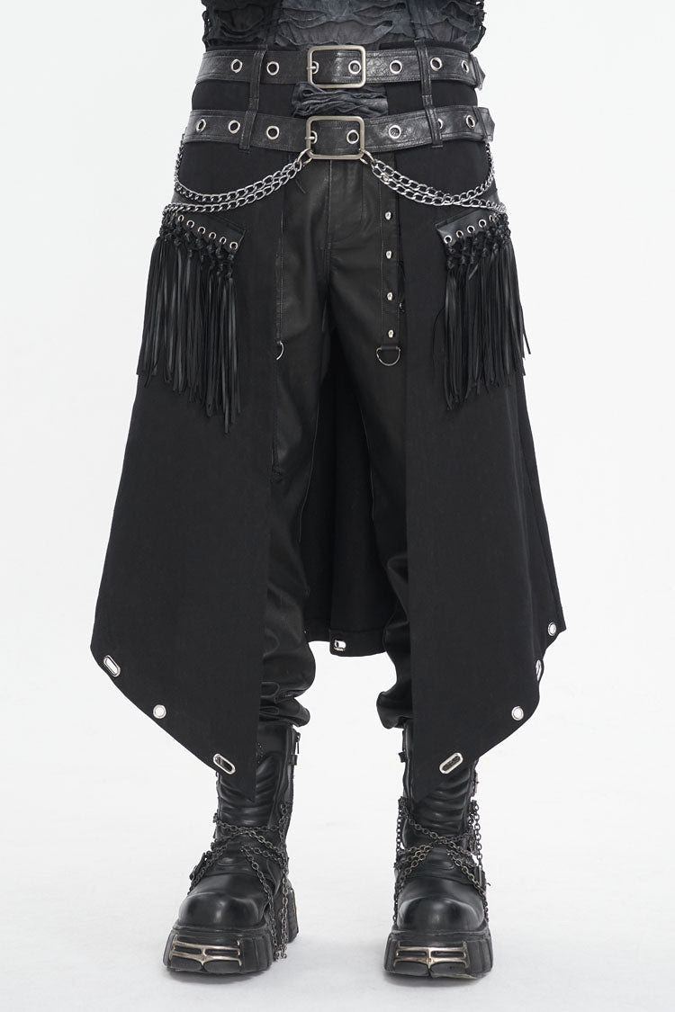 Black Irregular Double Belt Tassels Men's Gothic Skirt - Black - 1