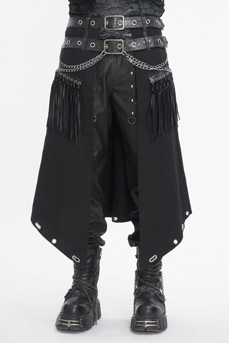 Black Irregular Double Belt Tassels Men's Gothic Skirt - Black - 1
