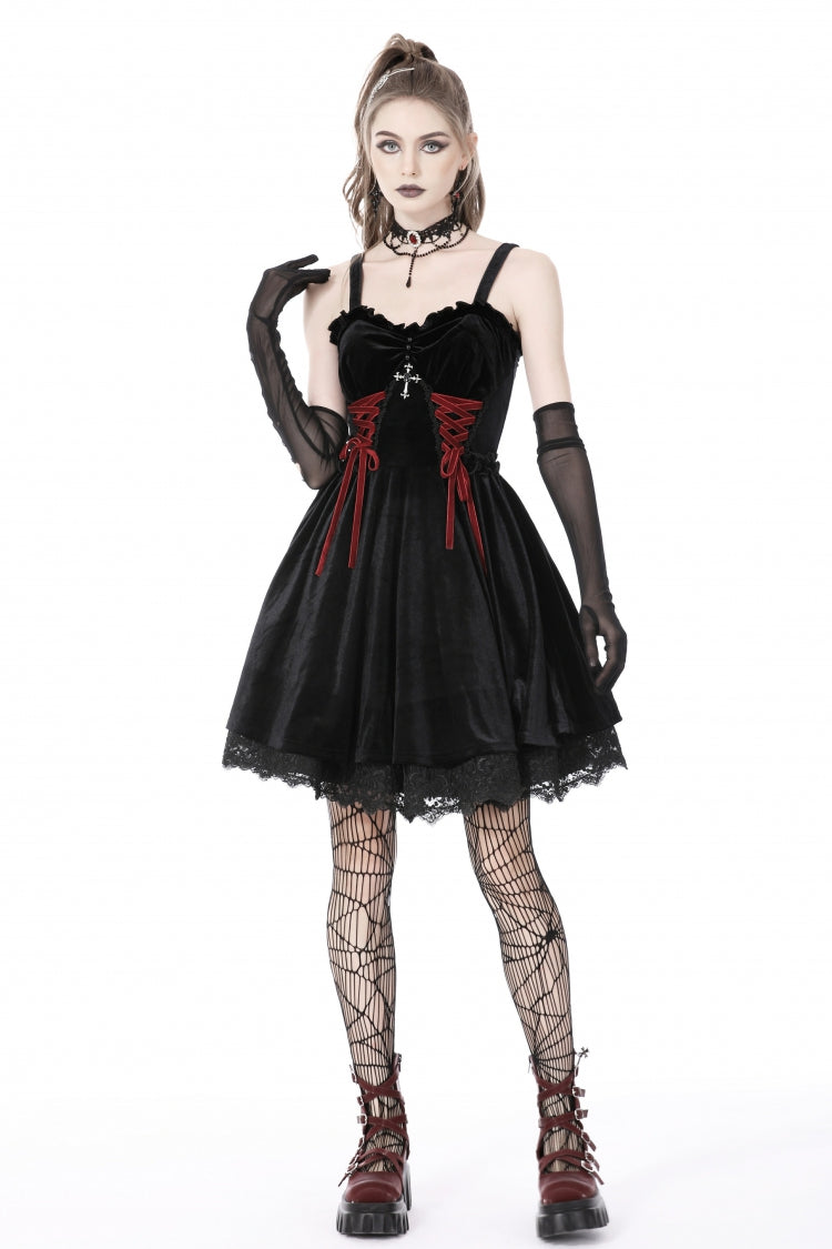 Black/Red Cross Lace-Up Strappy Women's Gothic Velvet Slip Dress - Product - 7