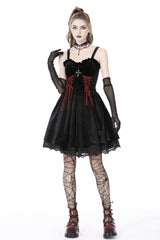 Black/Red Cross Lace-Up Strappy Women's Gothic Velvet Slip Dress - Product - 7