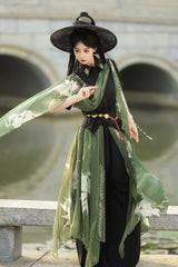 Black/Green Lapel Collar Short Sleeves Embroidered Sweet Chinese Inspired Wuxia Style Ouji Hanfu Pants Set - Product - 7