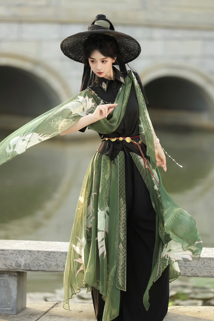 Black/Green Lapel Collar Short Sleeves Embroidered Sweet Chinese Inspired Wuxia Style Ouji Hanfu Pants Set - Product - 7