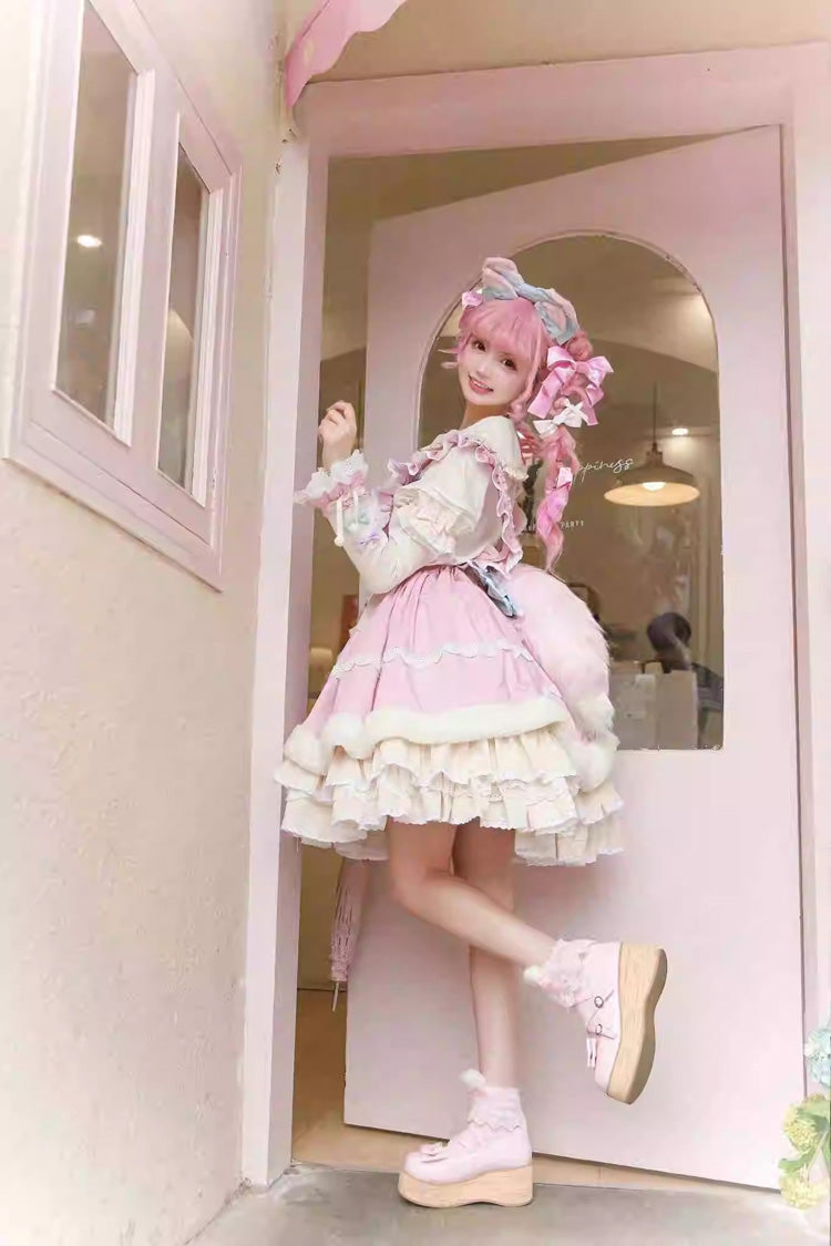 White/Pink Little Fox Multi-layer Ruffle Bowknot Long Sleeves Sweet Lolita Dress - Product - 9