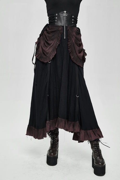 Burgundy Printed Drawstring Steampunk Womens Half Skirt - Burgundy - 1