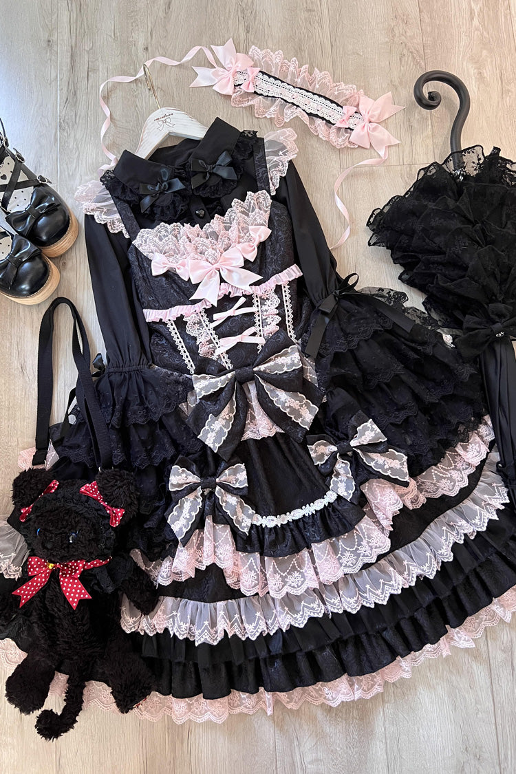 Black/Pink Multi-Layered Ruffle Bowknot Stitching Lace Sweet Lolita Jsk Dress - Product - 8