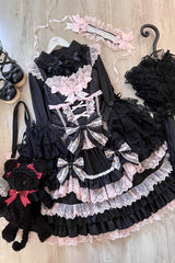 Black/Pink Multi-Layered Ruffle Bowknot Stitching Lace Sweet Lolita Jsk Dress - Product - 8
