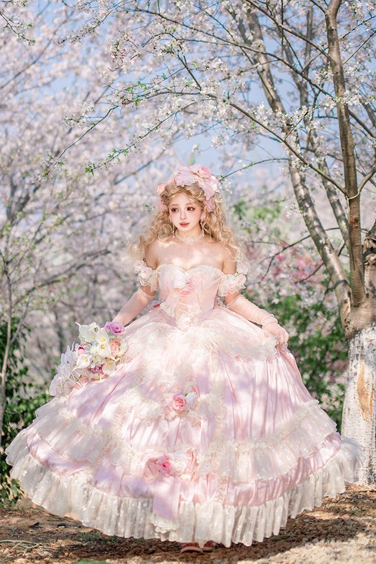 Pink [Love and Roses] Ruffle Hanayome Bowknot Lace Sweet Princess Lolita Jsk Dress - Product - 8