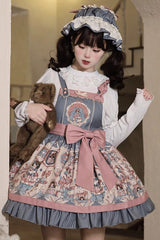 Blue Doll Print Ruffle Bowknot Sweet Lolita Strap Dress - Product - 5