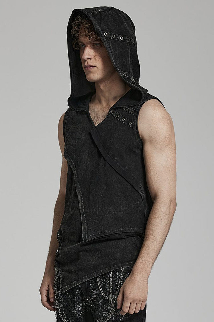 Black Sleeveless Irregular Hooded Men's Punk Tank Top - Product - 2
