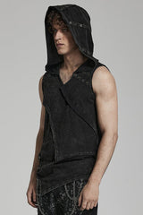 Black Sleeveless Irregular Hooded Men's Punk Tank Top - Product - 2