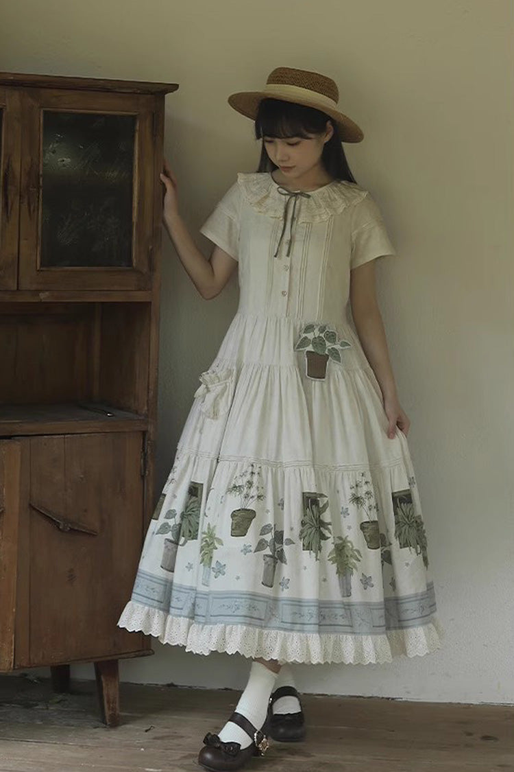 Ivory [Potted Plant] Short Sleeves Print Ruffle Sweet Lolita Dress - Product - 4