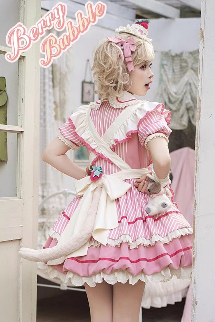 Pink [Berry Bubbles] Stripe Print Ruffle Bowknot Lace Sweet Lolita Dress - Product - 8