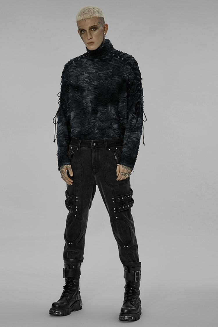 Black Skull Buckles Stitching Metal Nails Men's Steampunk Pants - Product - 4
