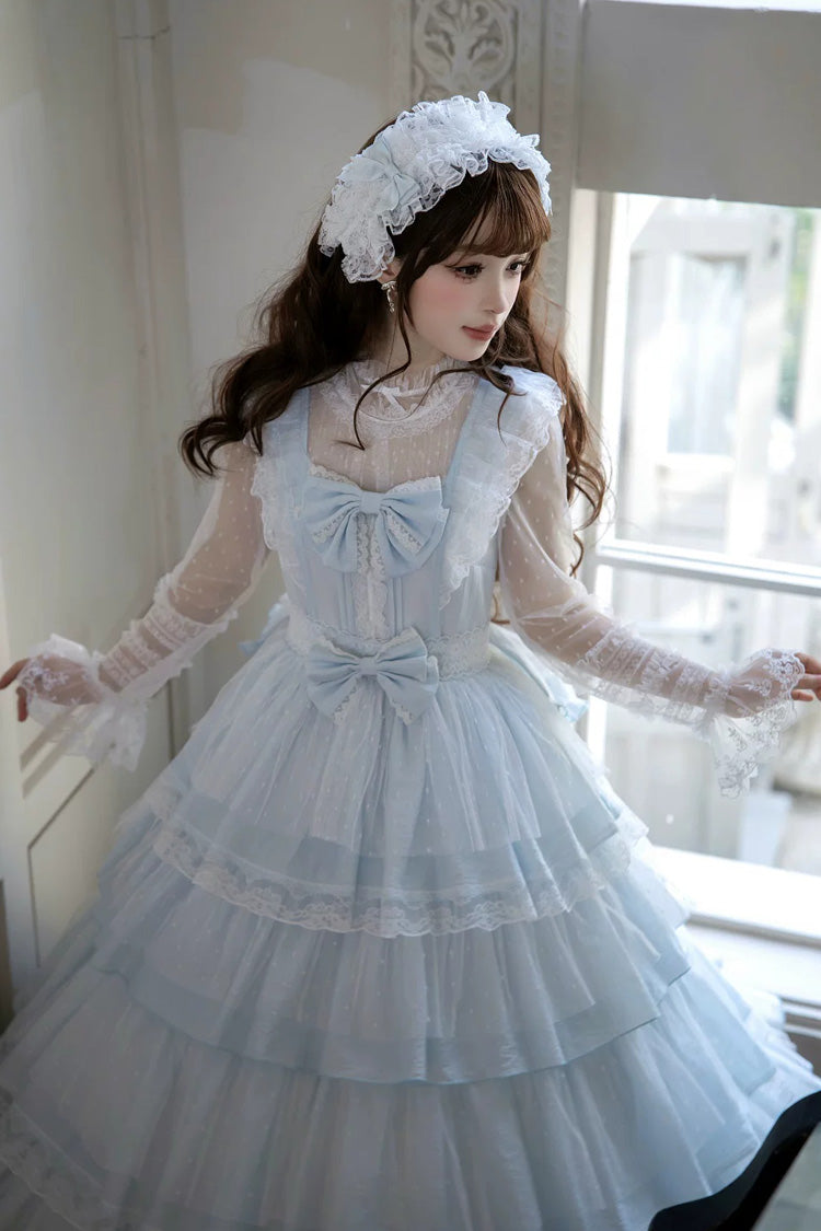 Blue [Aegean] Square Collar Flutter Sleeves Multi-Layered Ruffled Bow Sweet Lolita Jsk Dress Set - Product - 6