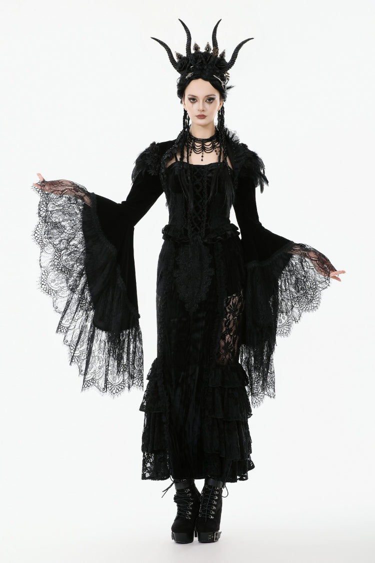 Black Lace Spliced Velvet Long Flared Sleeves Floral Feather Women's Gothic Cape - Product - 8