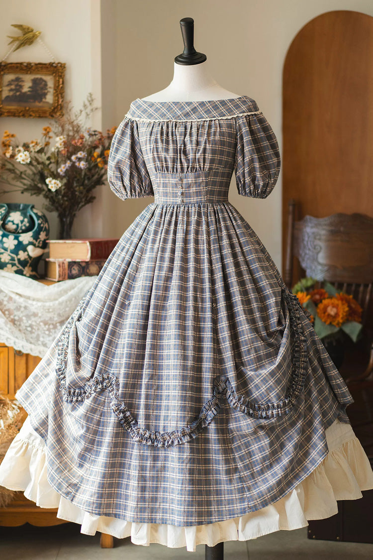Grey/Blue [Forest Picnic] Boat Neck Short Sleeves Printed Lift-Hem Ruffled Classic Vintage Elegant Lolita Dress - Grey/Blue - 1