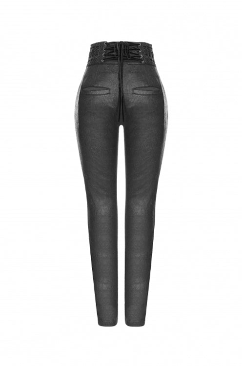 Black High Waist Flower Weaves The Ribbon Decoration Lace Up Gothic Jacquard Women's Pants - Product - 11