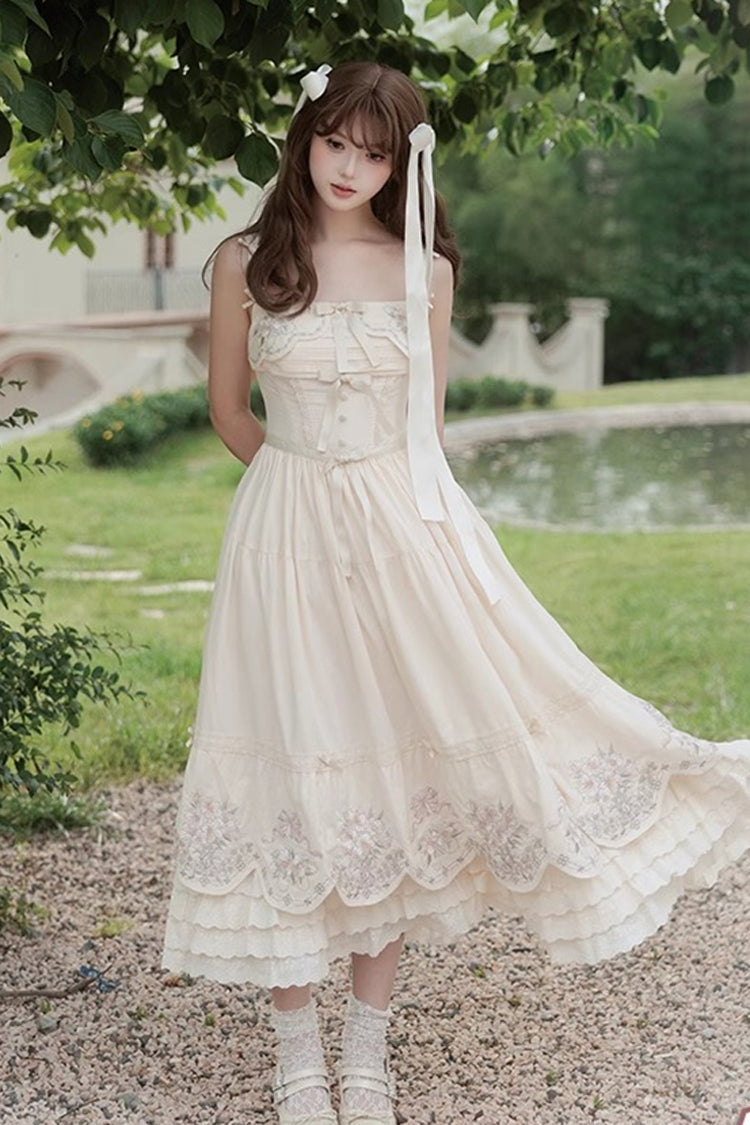 Apricot [Fantasy Butterfly] Triple-Layered Ruffle Embroidery Bowknot Lace Sweet Princess Lolita Jsk Dress - Product - 13