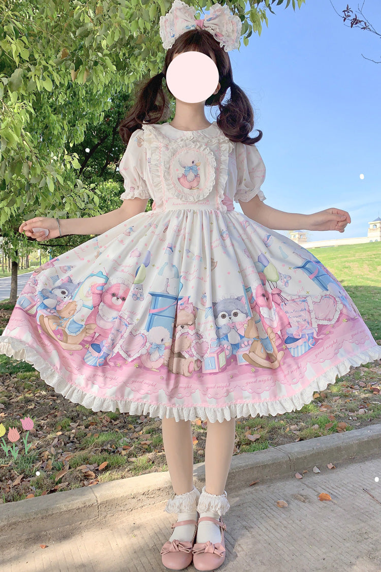 White/Pink Duck Bear Toys Print Short Sleeves Ruffle Bowknot Sweet Lolita Dress - White/Pink - 1