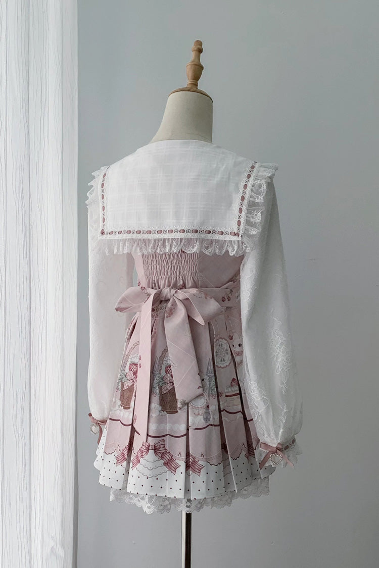 White/Pink [Strawberry Bunny] Navy Collar Long Sleeves Double-Layered Printed Ruffled Bow Lace Sweet Japanese Jirai Kei Dress - Product - 3