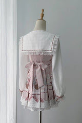 White/Pink [Strawberry Bunny] Navy Collar Long Sleeves Double-Layered Printed Ruffled Bow Lace Sweet Japanese Jirai Kei Dress - Product - 3