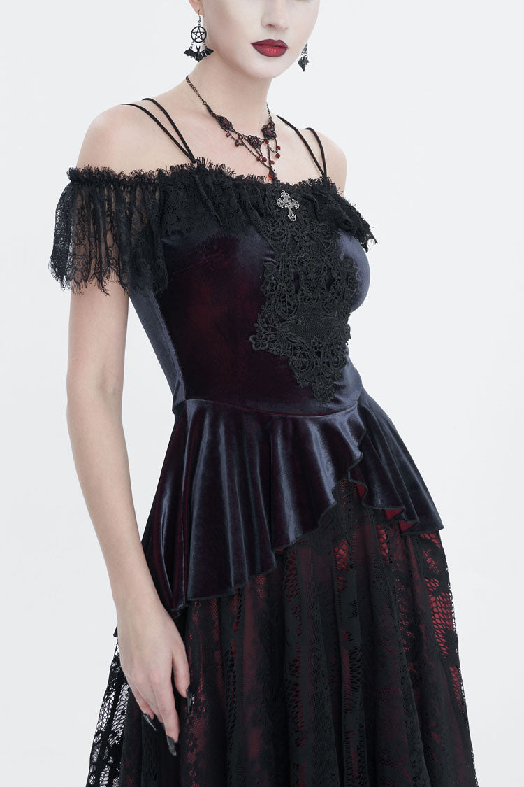 Red Stretch Velvet Eyelash Lace Short-Sleeved One-Shoulder Women's Gothic Strap T-Shirt - Red - 1