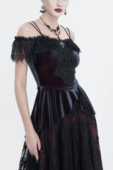 Red Stretch Velvet Eyelash Lace Short-Sleeved One-Shoulder Women's Gothic Strap T-Shirt - Red - 1