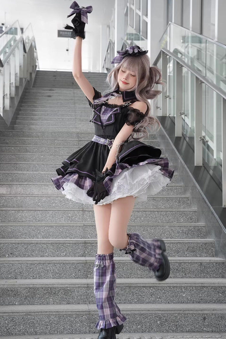 パープル [Dark Night Rose] ボートネック 半袖 ティアード チェック プリント フリル チェーン-Decorated ゴシックロリータワンピース 商品画像