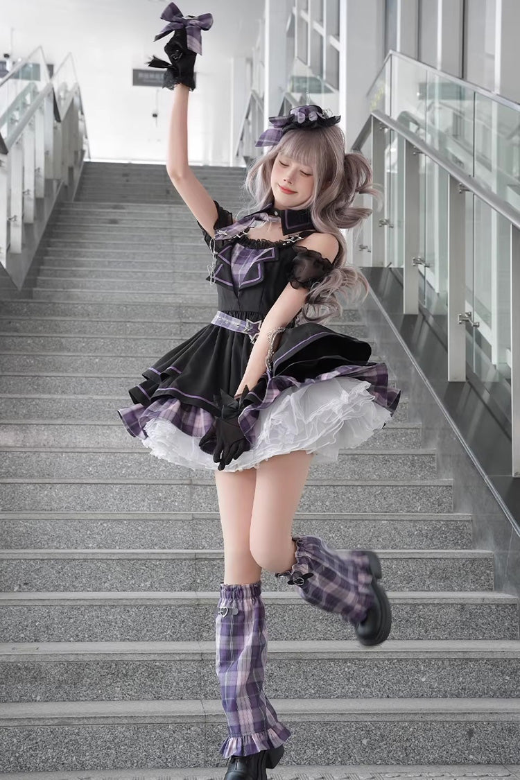 Purple [Dark Night Rose] Boat Neck Short Sleeves Multi-Layered Plaid Printed Ruffled Chain-Decorated Gothic Lolita Dress - Product - 2