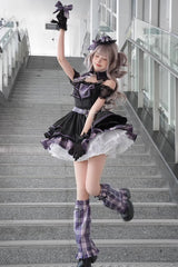 Purple [Dark Night Rose] Boat Neck Short Sleeves Multi-Layered Plaid Printed Ruffled Chain-Decorated Gothic Lolita Dress - Product - 2