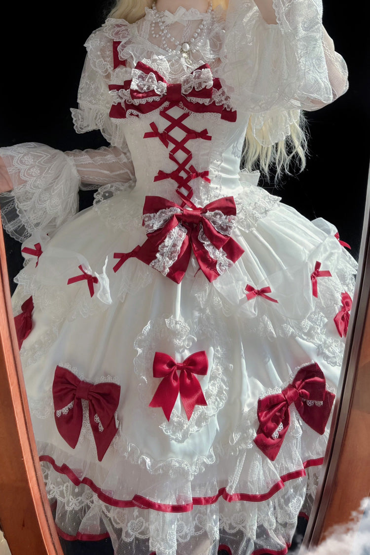 White/Red [Sweetheart] Sleeveless Multi-Layered Embroidered Bow Lace Lace-Up Sweet Lolita Jsk Dress - Product - 5