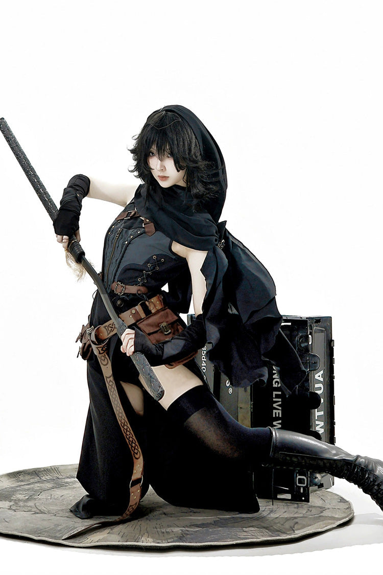 Black [Shadow Wasteland] Sleeveless Lace-Up Zipper Punk Lolita Dress - Product - 11