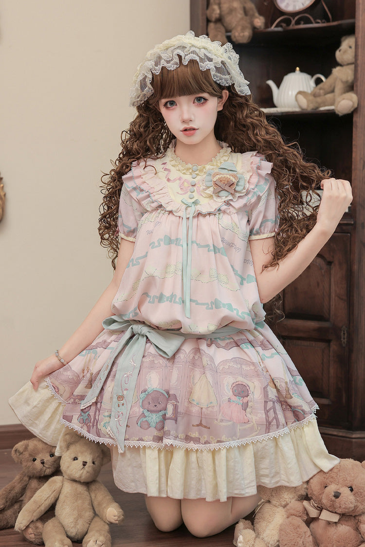 Pink [Brown Dollhouse] Short Sleeves Bear Printed Ruffled Bow Sweet Lolita Dress Set - Product - 3