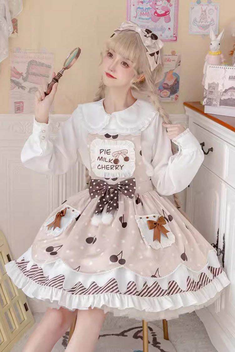 Multi-Color Cherry Milk Pie Print Ruffle Bowknot Stitching Sweet Lolita Jsk Dress - Product - 2