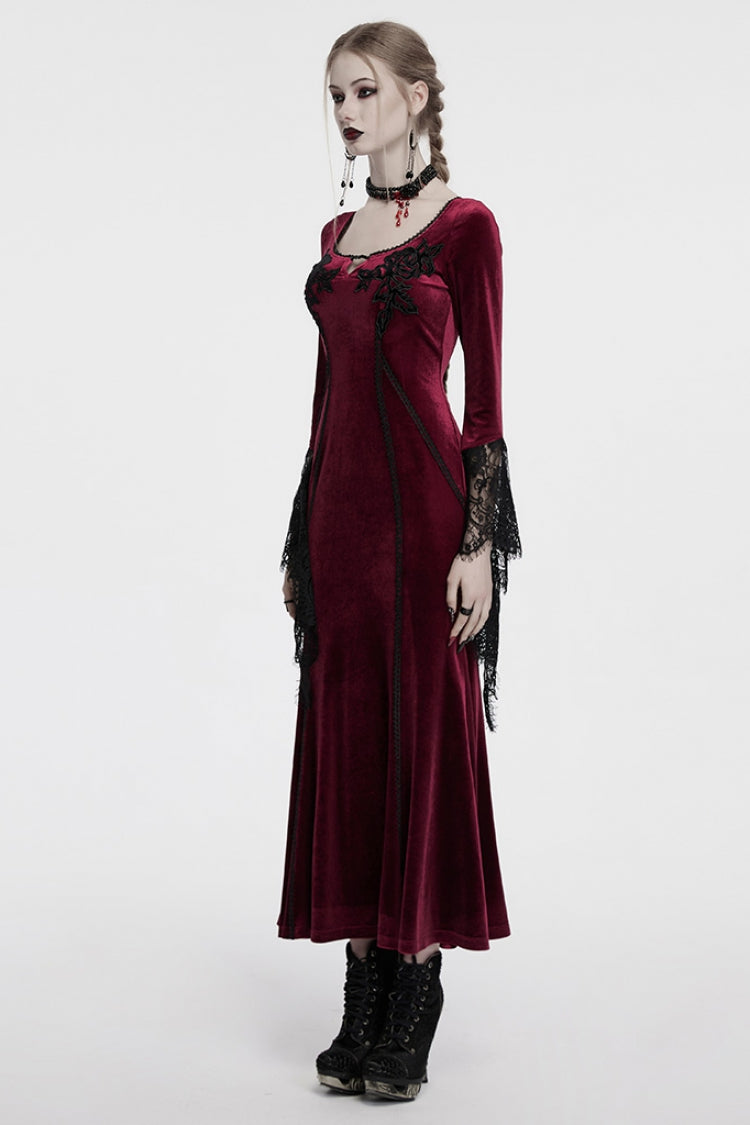 Red Long Sleeves Floral Embroidery Stitching Lace Women's Gothic Gown Dress - Product - 2