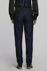 Black/Blue High Waisted Striped Print Men's Gothic Suit Pants - Product - 3