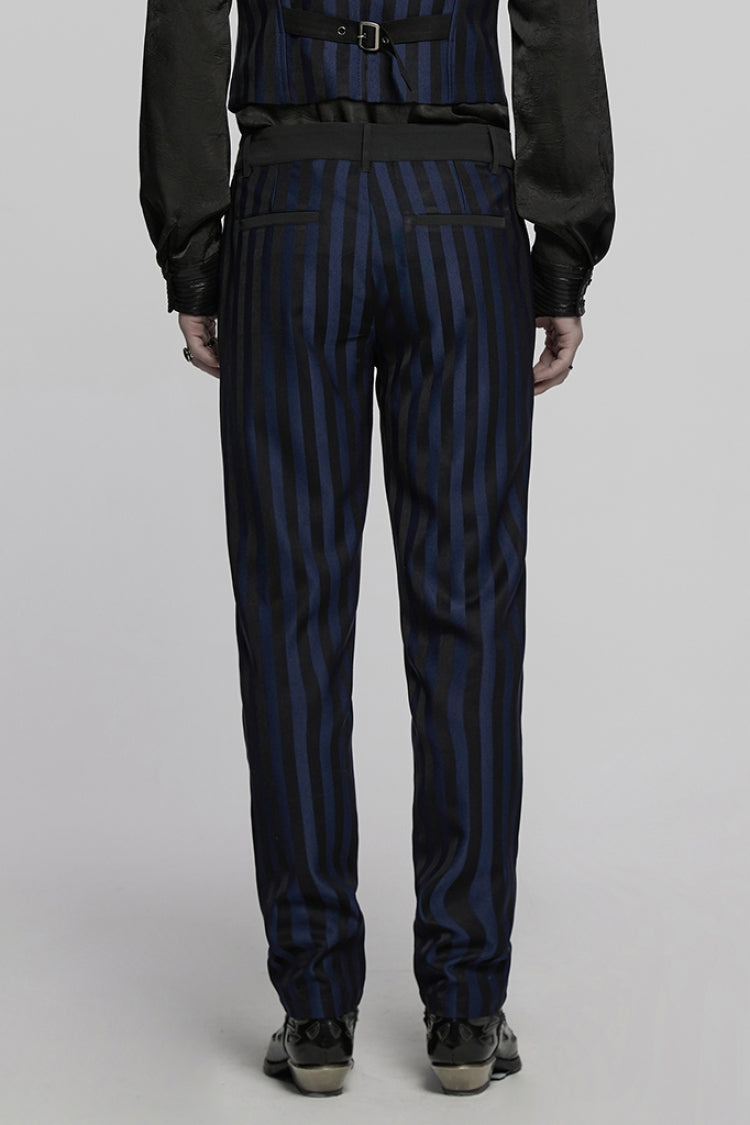 Black/Blue High Waisted Striped Print Men's Gothic Suit Pants - Product - 3