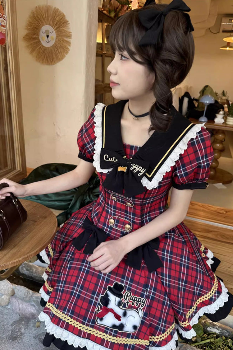 Red [Dalmatian] Short Sleeves Print Ruffle Bowknot Slim Sweet Lolita Dress - Product - 7