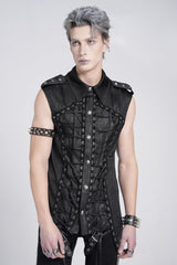 Black Sleeveless Studded Lace-Up Men's Gothic Blouse - Product - 4